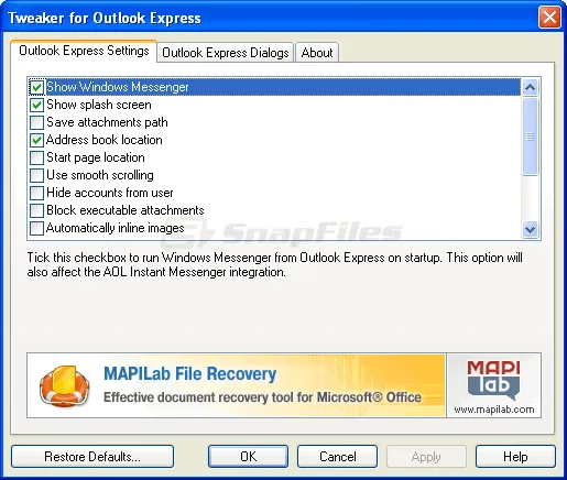 Tweaker for Outlook Express Ảnh chụp màn hình 1
