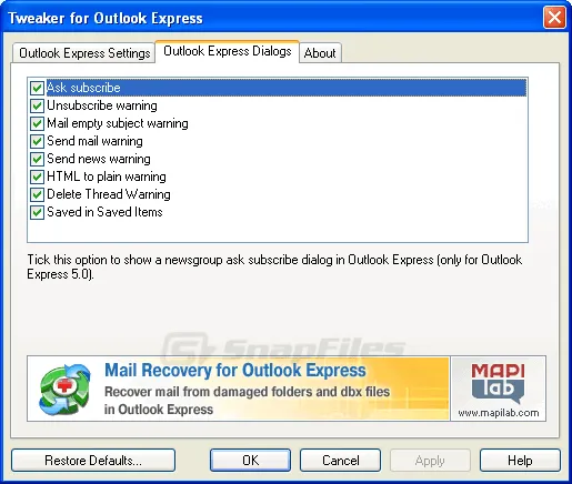 Tweaker for Outlook Express Ảnh chụp màn hình 2